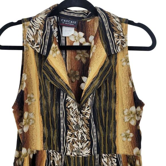 Vtg 80s Tropical Floral Button Front Dress Sz M Sleeveless Rayon Brown Pockets - Picture 7 of 12